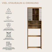 Frontansicht eines hohen Waschmaschinen-Überbauschranks in Holzoptik mit zwei weißen Türen und offenen Regalfächern; links Infografik mit Hinweisen zu viel Stauraum, Kippschutzsicherung und dass Geräte nicht enthalten sind.