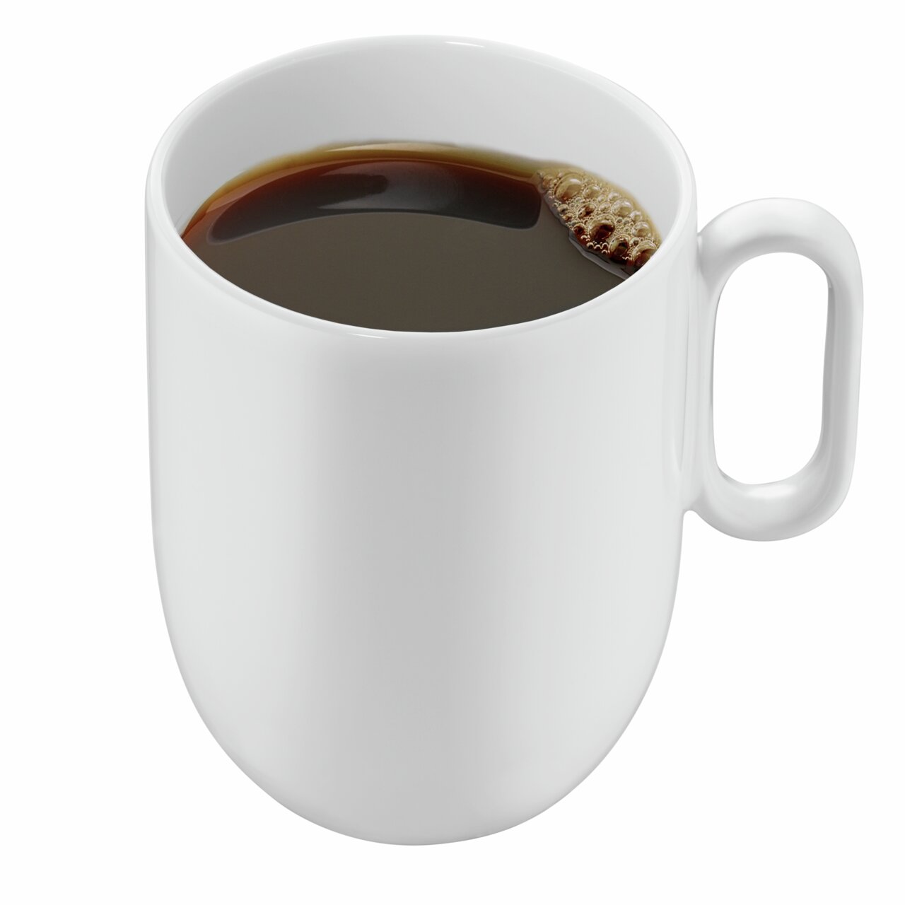 Weiße Kaffeetasse aus dem WMF Barista Kaffeetassen-Set, gefüllt mit schwarzem Kaffee, seitliche Perspektive.