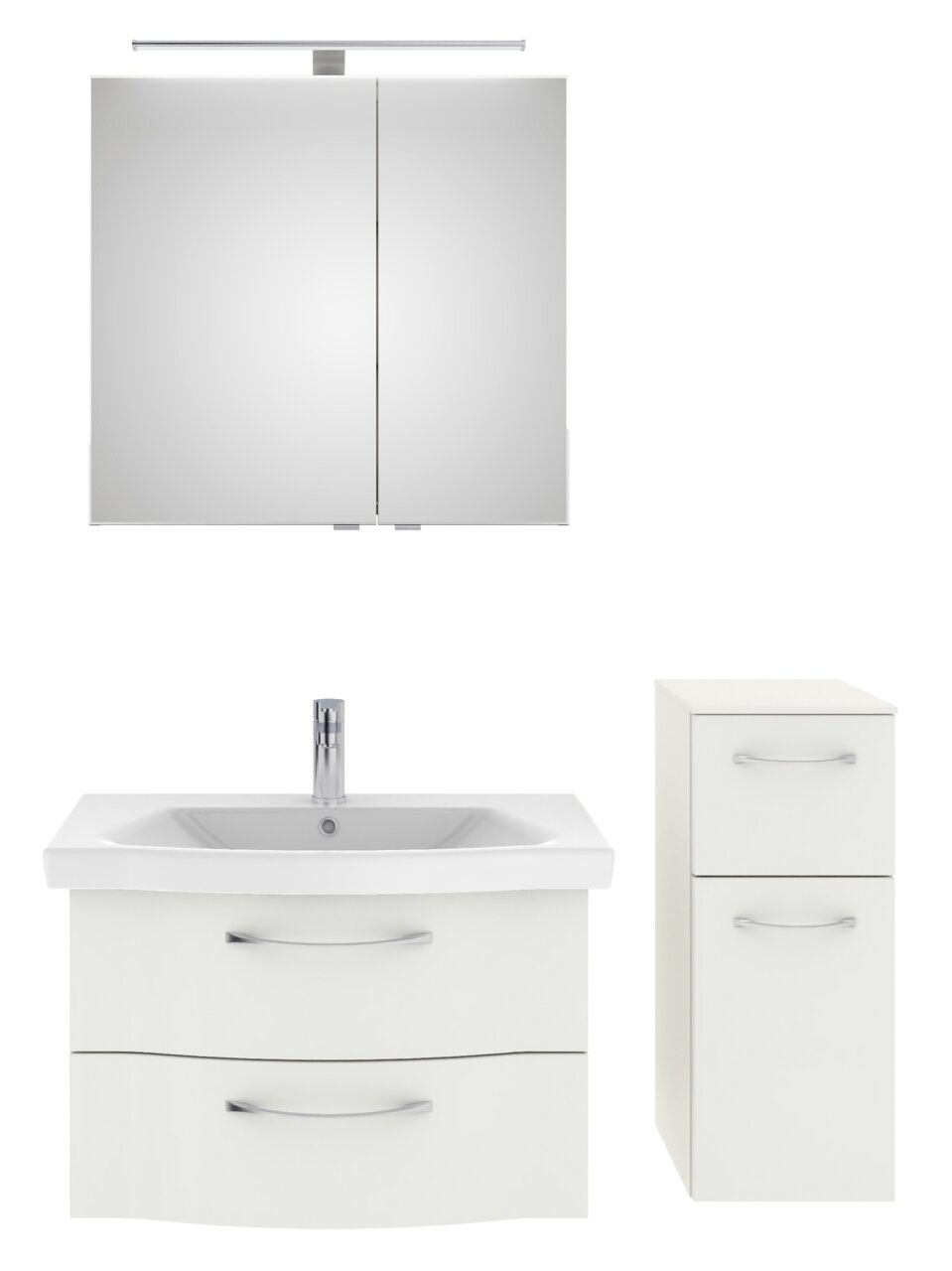Pelipal Badblock SERIE 6005 SPRINT Badezimmermöbel-Set bestehend aus einem Spiegelschrank mit Beleuchtung, einem Waschbeckenunterschrank mit zwei Schubladen und einem hohen Schrank mit zwei Türen, frontal abgebildet.