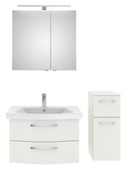 Badezimmermöbel-Set bestehend aus einem Spiegelschrank mit Beleuchtung, einem Waschbeckenunterschrank mit zwei Schubladen und einem hohen Schrank mit zwei Türen, frontal abgebildet.