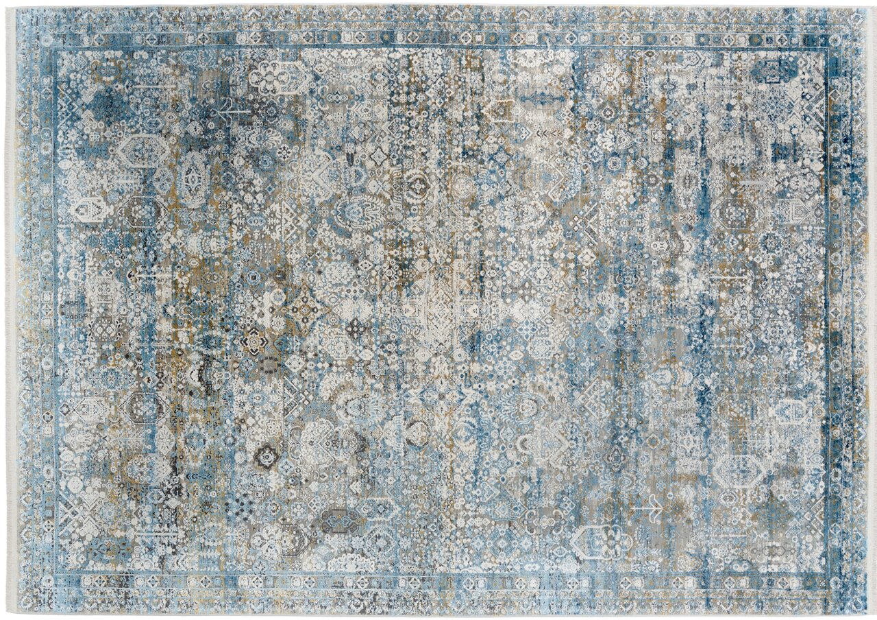 Designer Teppich mit orientalischem Muster in Blau- und Beigetönen, Draufsicht