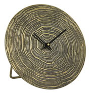 Dekorative Tischuhr mit konzentrischen Kreisen in Holzoptik, seitliche Perspektive