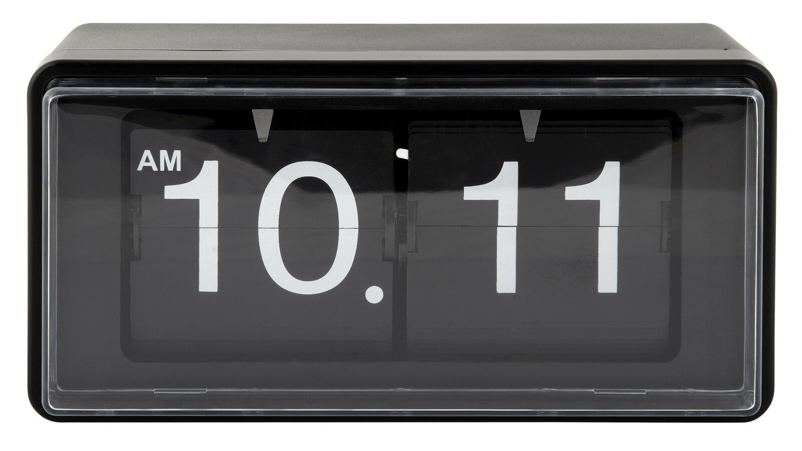 Schwarze Flip-Uhr mit weißer Anzeige, zeigt 10:11 AM, frontale Perspektive