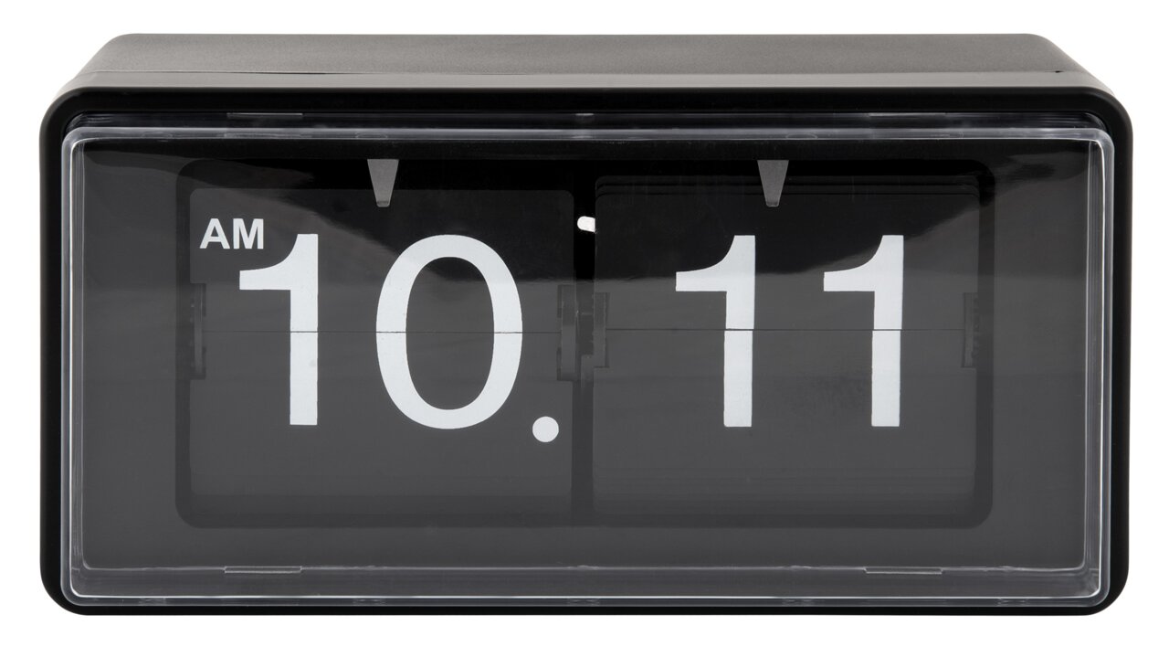 Schwarze Flip-Uhr mit weißer Anzeige, zeigt 10:11 AM, frontale Perspektive