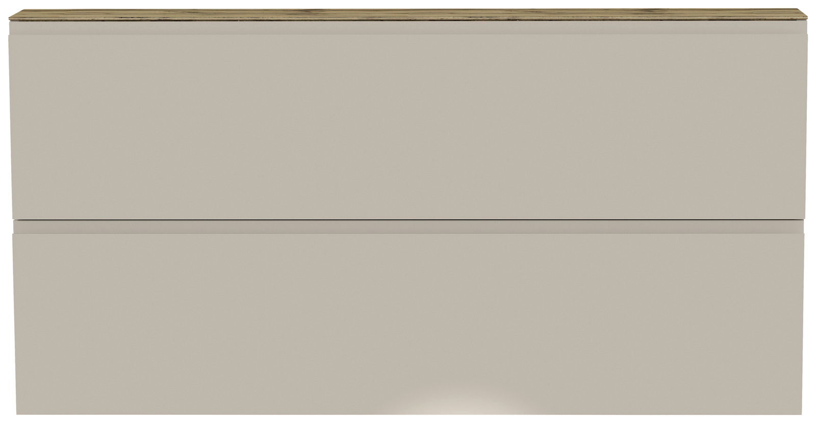 Frontansicht eines XL-Hängeschuhschranks mit zwei Klappen in neutralem Farbton und Holzoberfläche.