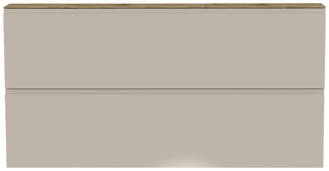 Frontansicht eines XL-Hängeschuhschranks mit zwei Klappen in neutralem Farbton und Holzoberfläche.