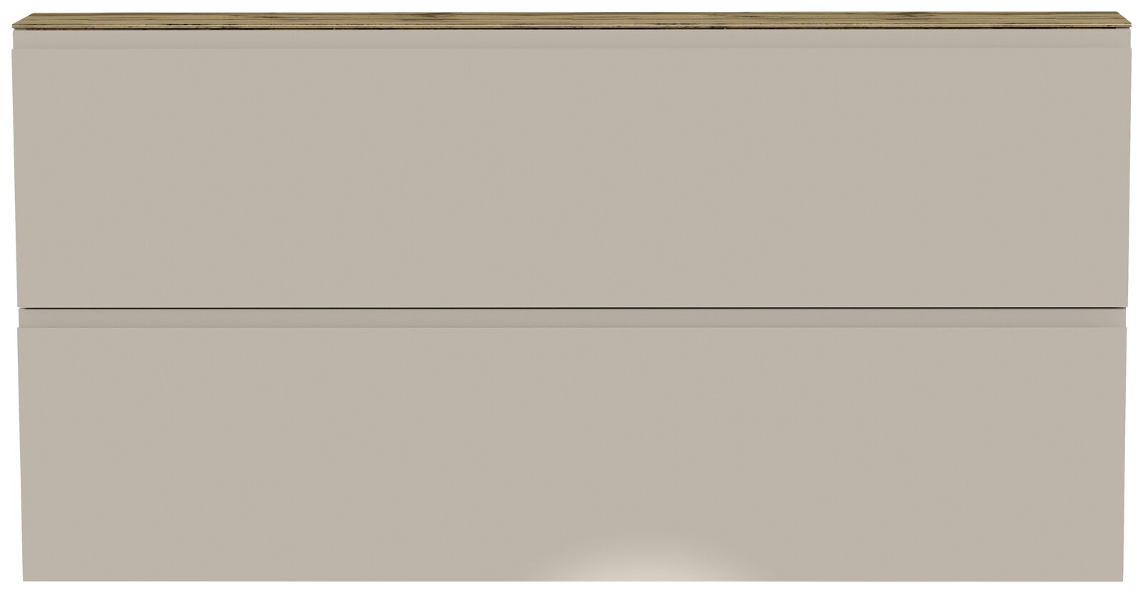 Frontansicht eines XL-Hängeschuhschranks mit zwei Klappen in neutralem Farbton und Holzoberfläche.