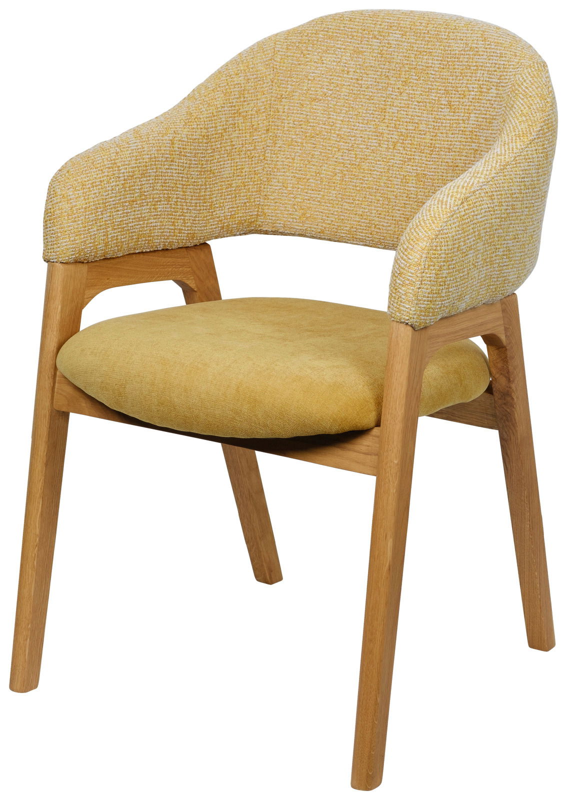 Gelber Armlehnstuhl mit Holzbeinen, seitliche Perspektive