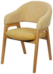 Gelber Armlehnstuhl mit Holzbeinen, seitliche Perspektive