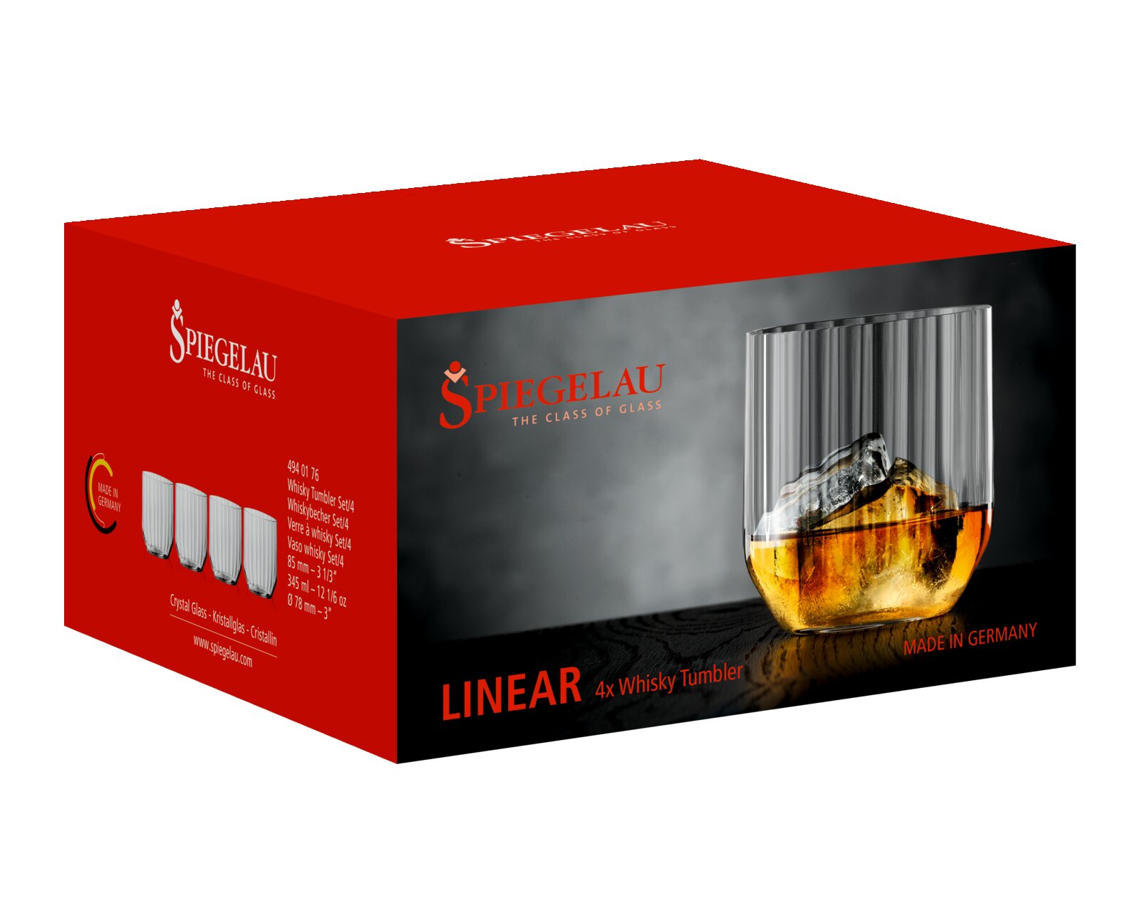 Verpackung des Spiegelau LINEAR 4x Whisky Tumbler Sets, seitliche Perspektive mit einem Glas gefüllt mit Whisky und Eiswürfeln.
