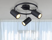 Moderner schwarzer Deckenstrahler mit drei verstellbaren Leuchten, Perspektive von unten
