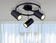 Moderner schwarzer Deckenstrahler mit drei verstellbaren Leuchten, Perspektive von unten