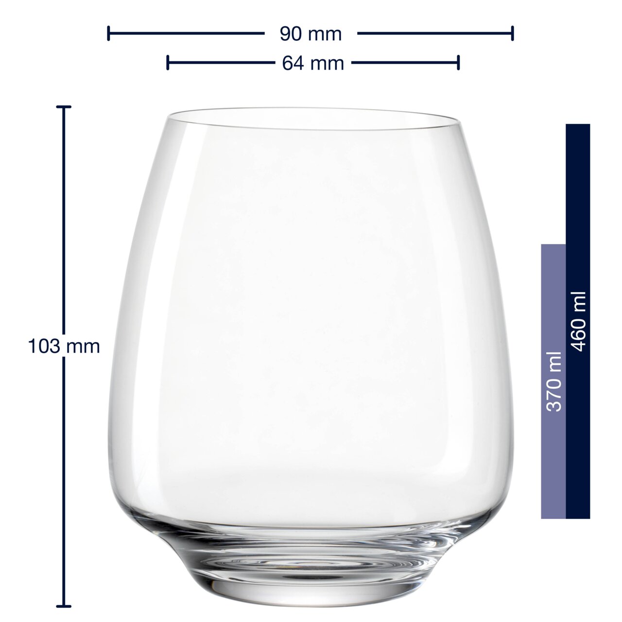 Transparenter Becher mit einem Fassungsvermögen von 460 ml, Seitenansicht mit Maßangaben.