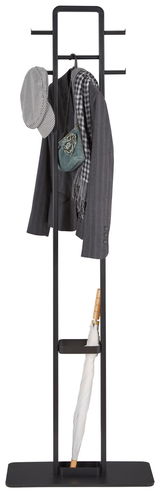 Moderner Garderobenständer aus schwarzem Metall mit Jacke, Hut, Schal und Regenschirm, frontal betrachtet.