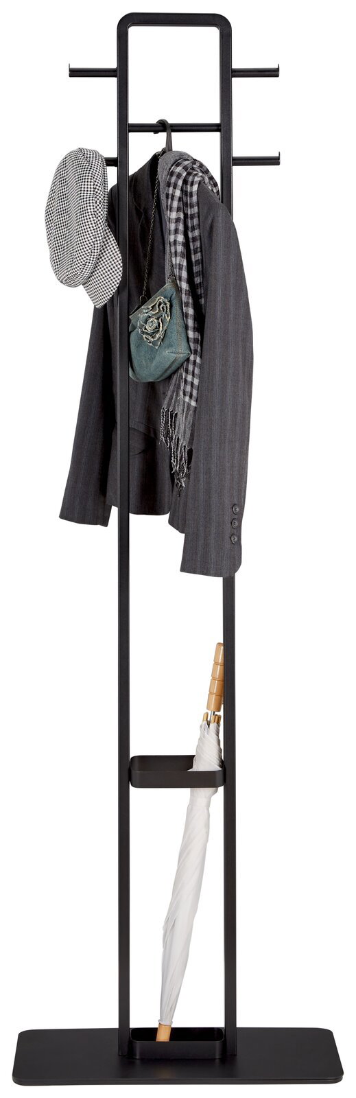 Moderner Garderobenständer aus schwarzem Metall mit Jacke, Hut, Schal und Regenschirm, frontal betrachtet.