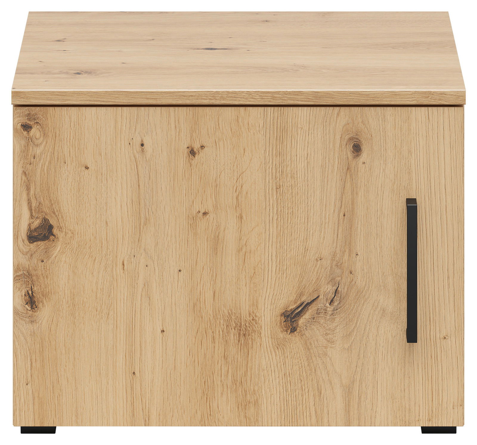 Frontansicht eines Aufsatzschranks aus hellem Holz mit natürlicher Maserung und schwarzem Griff.