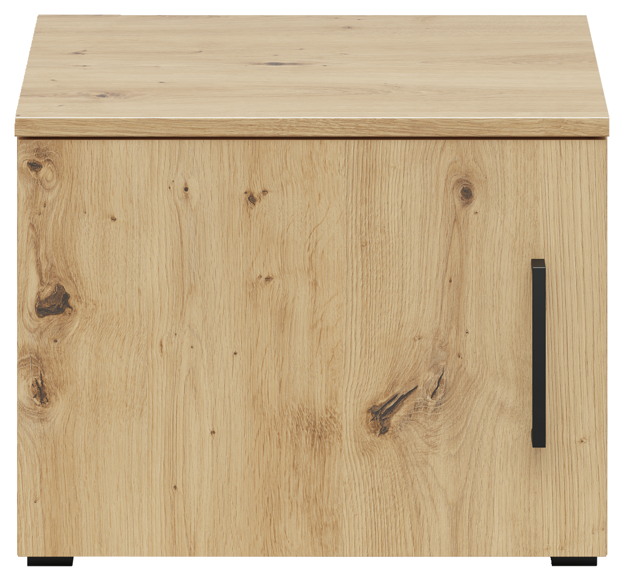 Frontansicht eines Aufsatzschranks aus hellem Holz mit natürlicher Maserung und schwarzem Griff.