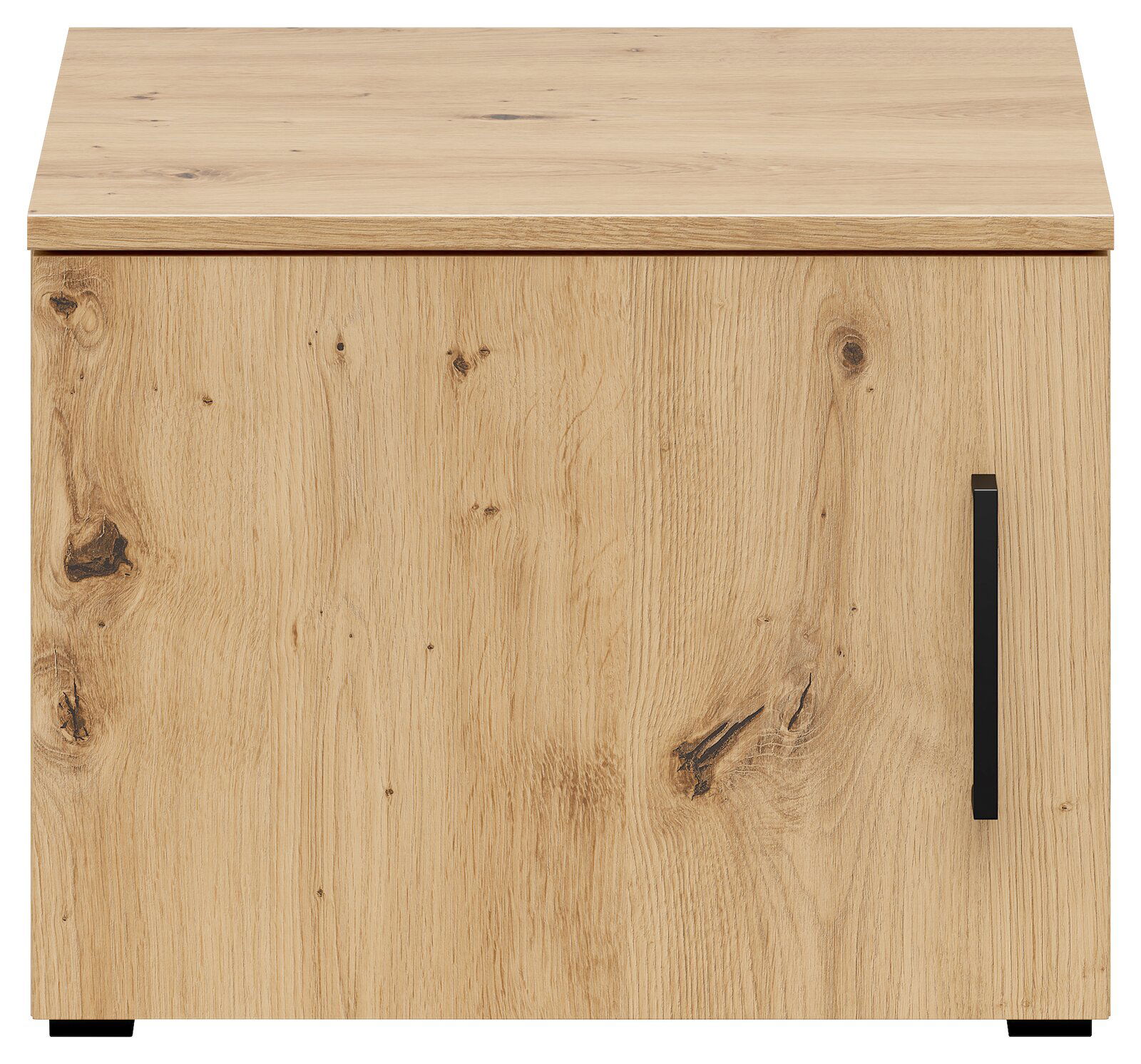 Frontansicht eines Aufsatzschranks aus hellem Holz mit natürlicher Maserung und schwarzem Griff.