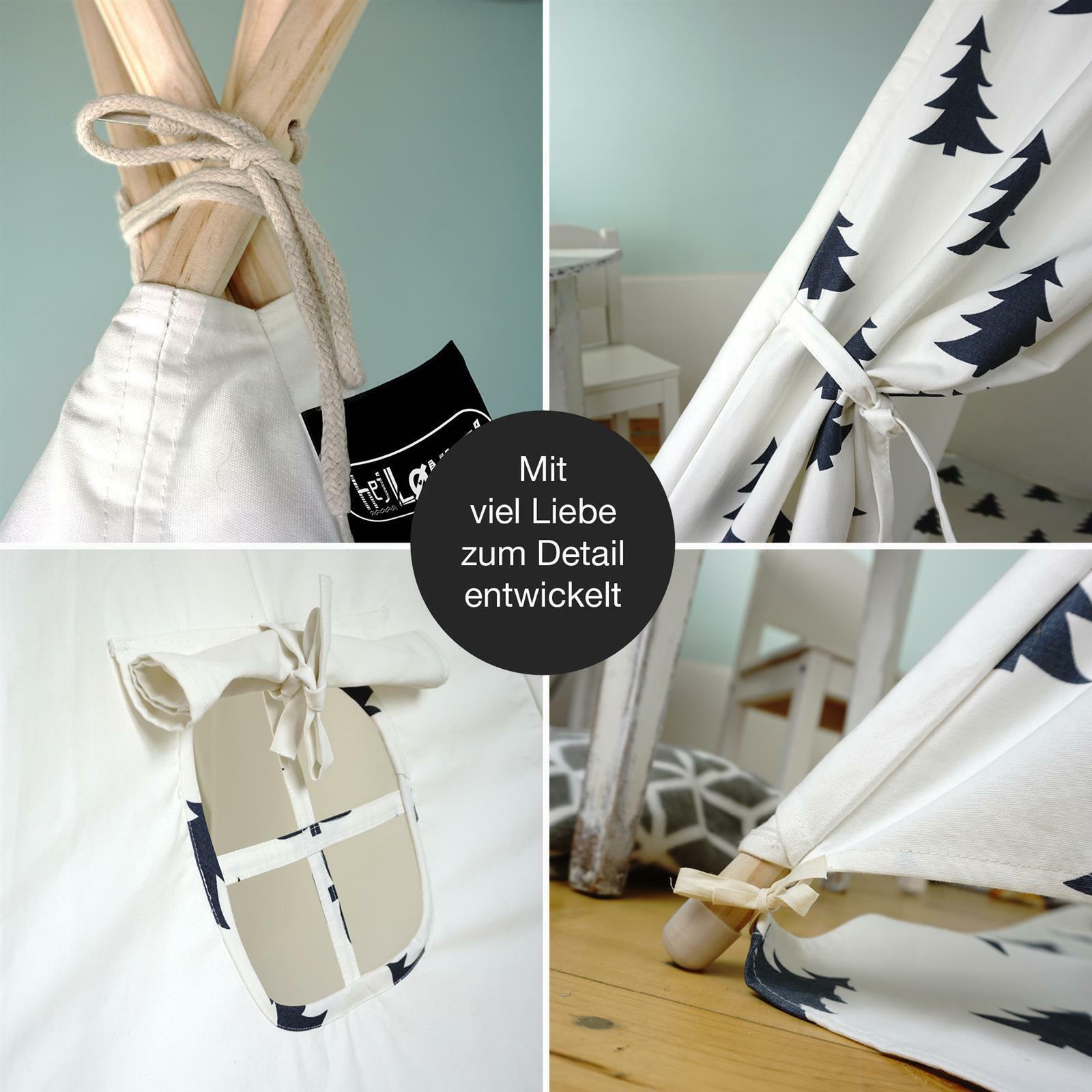 Tipi-Zelt mit Baum-Muster, Detailansicht von Knoten, Fenster und Befestigung.