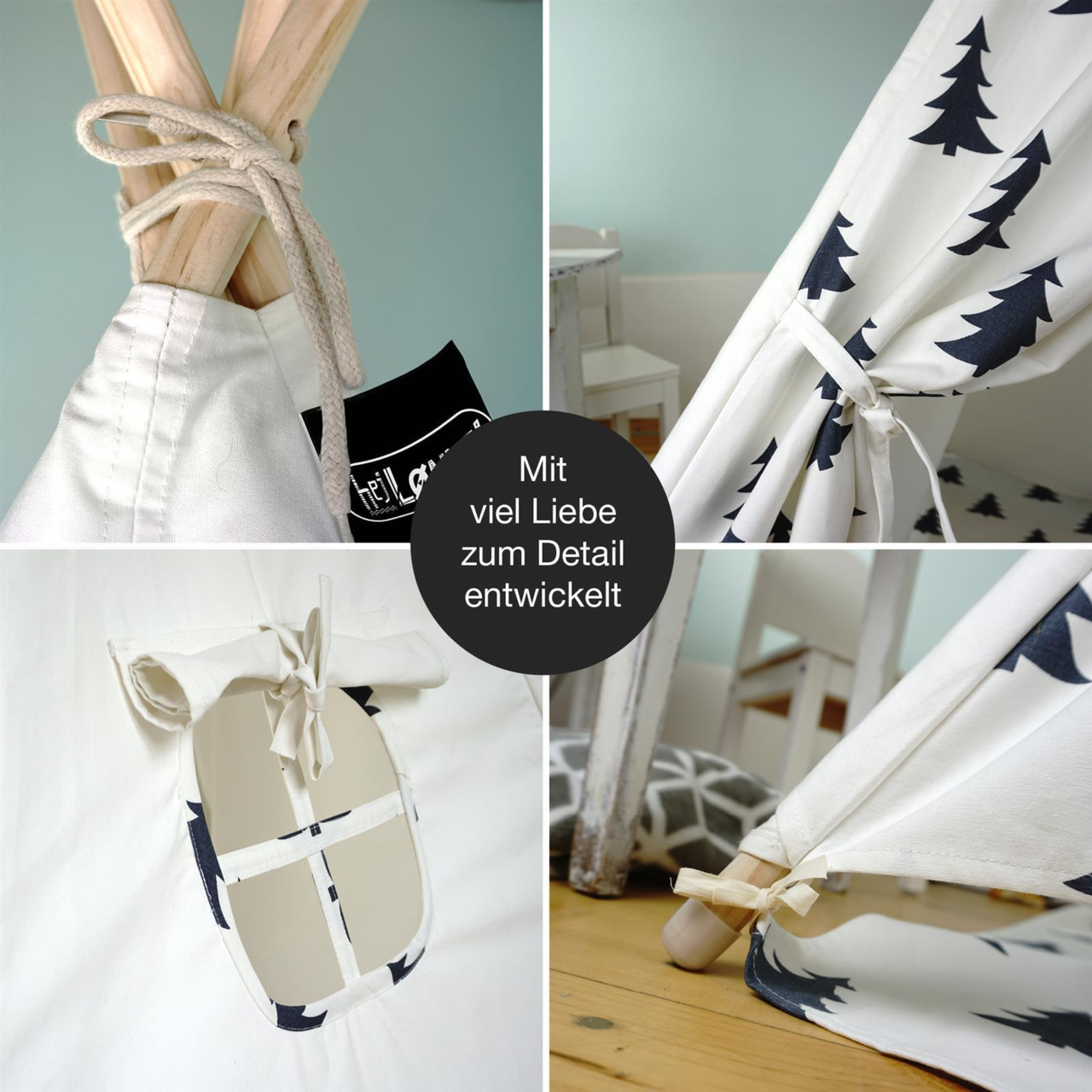 Tipi-Zelt mit Baum-Muster, Detailansicht von Knoten, Fenster und Befestigung.