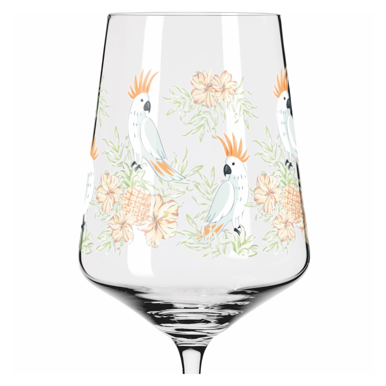 Weinglas mit tropischem Papageien- und Blumenmuster, seitliche Perspektive