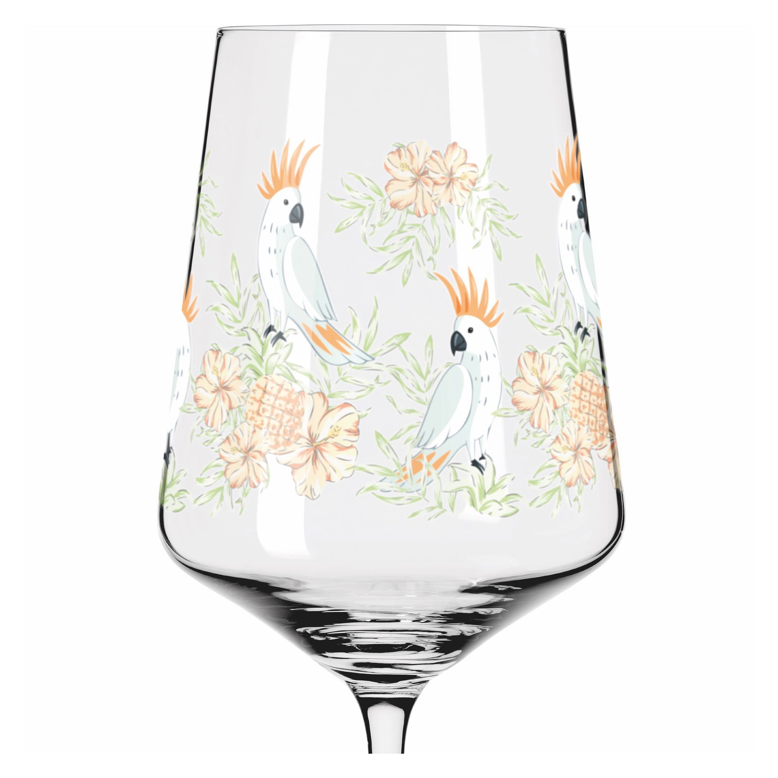 Weinglas mit tropischem Papageien- und Blumenmuster, seitliche Perspektive