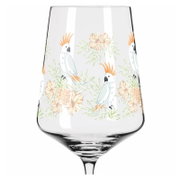 Wijnglas met tropisch patroon van papegaaien en bloemen, zijaanzicht