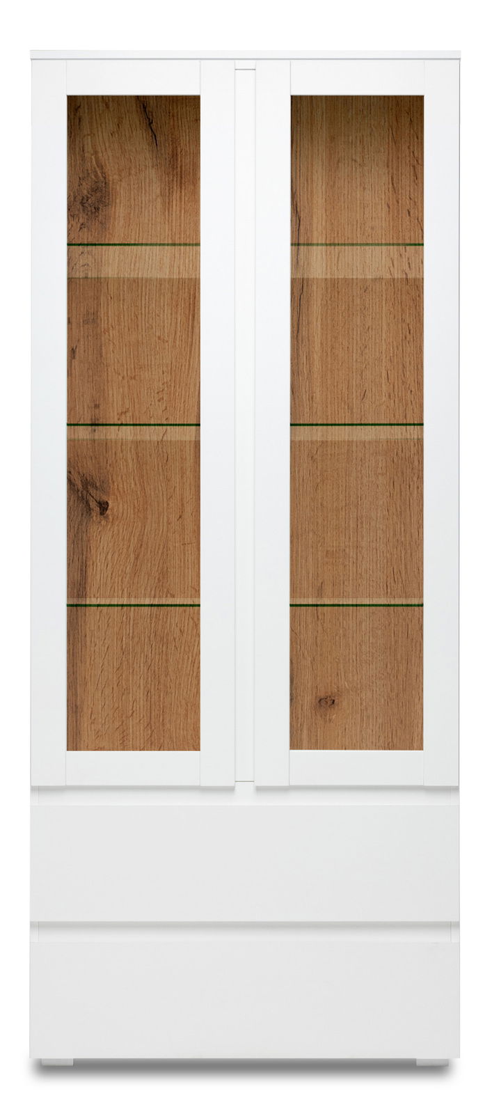 Z2 Vitrine IMAGE Vitrine mit weißem Rahmen und Holzelementen, Frontansicht