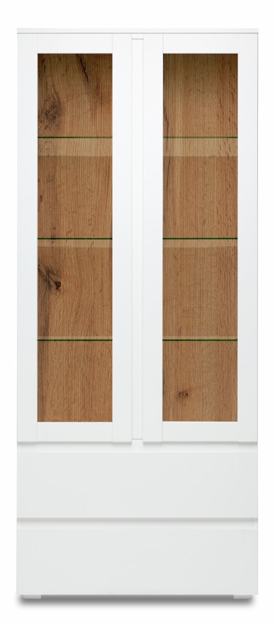 Vitrine mit weißem Rahmen und Holzelementen, Frontansicht