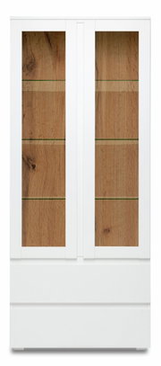 Vitrine mit weißem Rahmen und Holzelementen, Frontansicht
