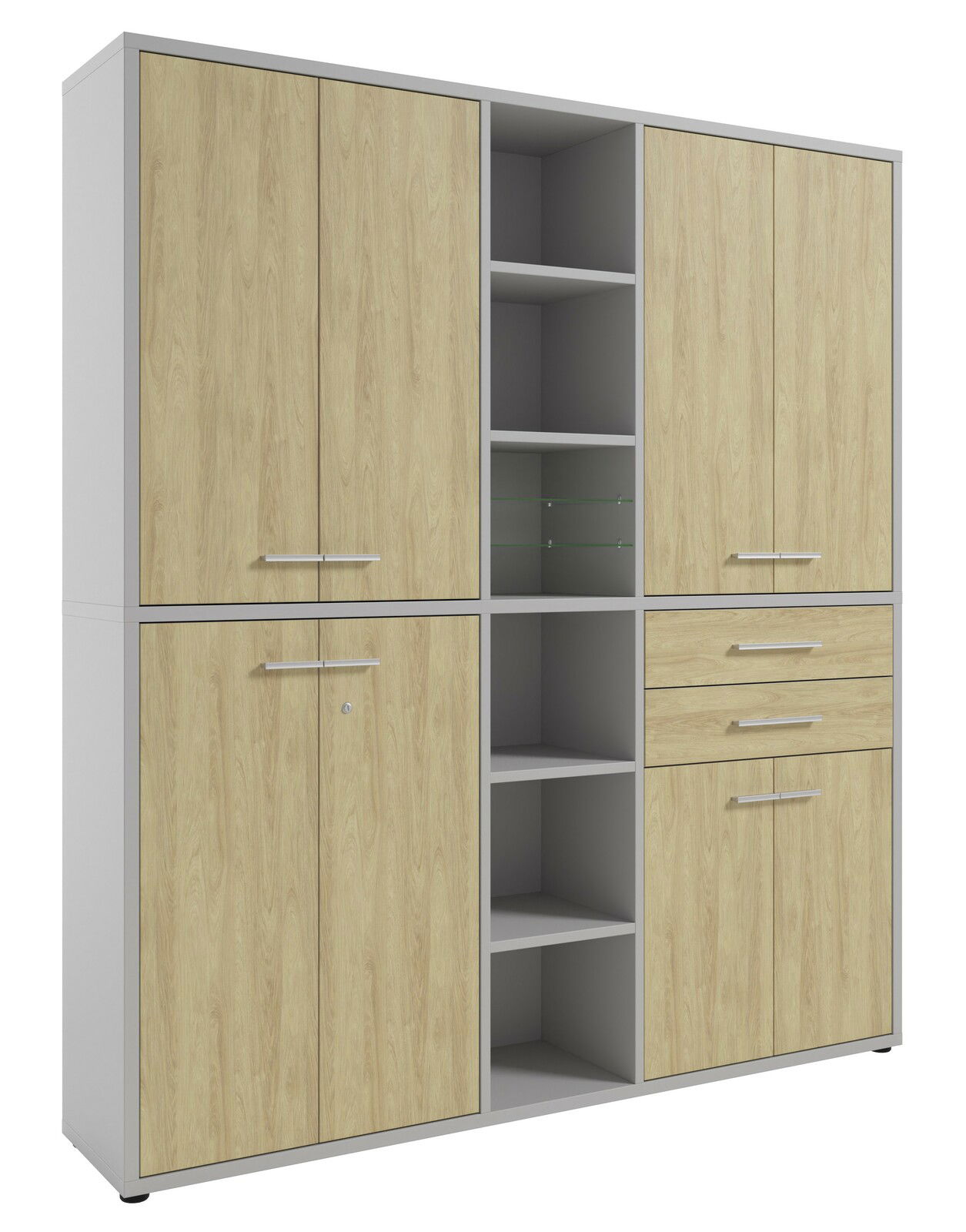 Manjana Home Office Kombination TEXAS Aktenschrank hoch mit Holzoptik, mehreren Türen und offenen Regalfächern, Frontalansicht