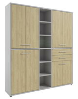 Aktenschrank hoch mit Holzoptik, mehreren Türen und offenen Regalfächern, Frontalansicht