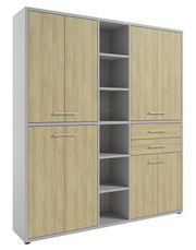 Aktenschrank hoch mit Holzoptik, mehreren Türen und offenen Regalfächern, Frontalansicht