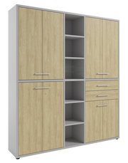 Aktenschrank hoch mit Holzoptik, mehreren Türen und offenen Regalfächern, Frontalansicht