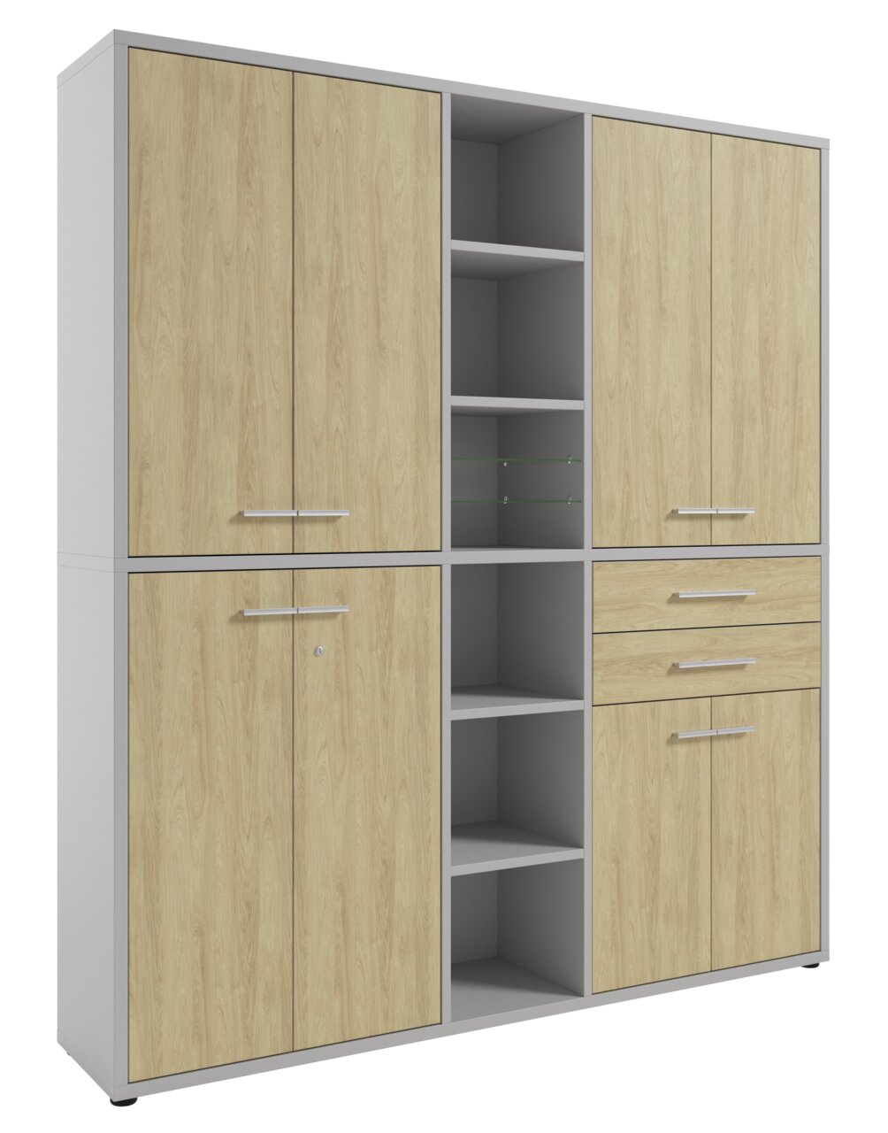 Aktenschrank hoch mit Holzoptik, mehreren Türen und offenen Regalfächern, Frontalansicht
