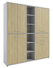 Hoge archiefkast met houtlook, meerdere deuren en open legplanken, vooraanzicht