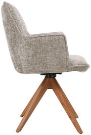 Seitenansicht eines Sessels mit grauem Stoffbezug und Holzbeinen.