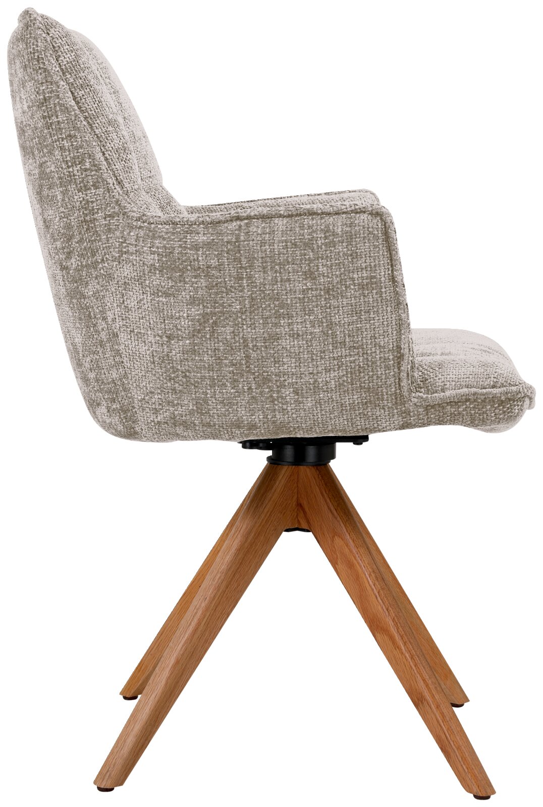 Seitenansicht eines Sessels mit grauem Stoffbezug und Holzbeinen.