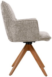 Zijaanzicht van een fauteuil met grijze stoffen bekleding en houten poten.