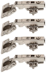 Vier silberne Scharniere in seitlicher Perspektive, angeordnet in einer Reihe.