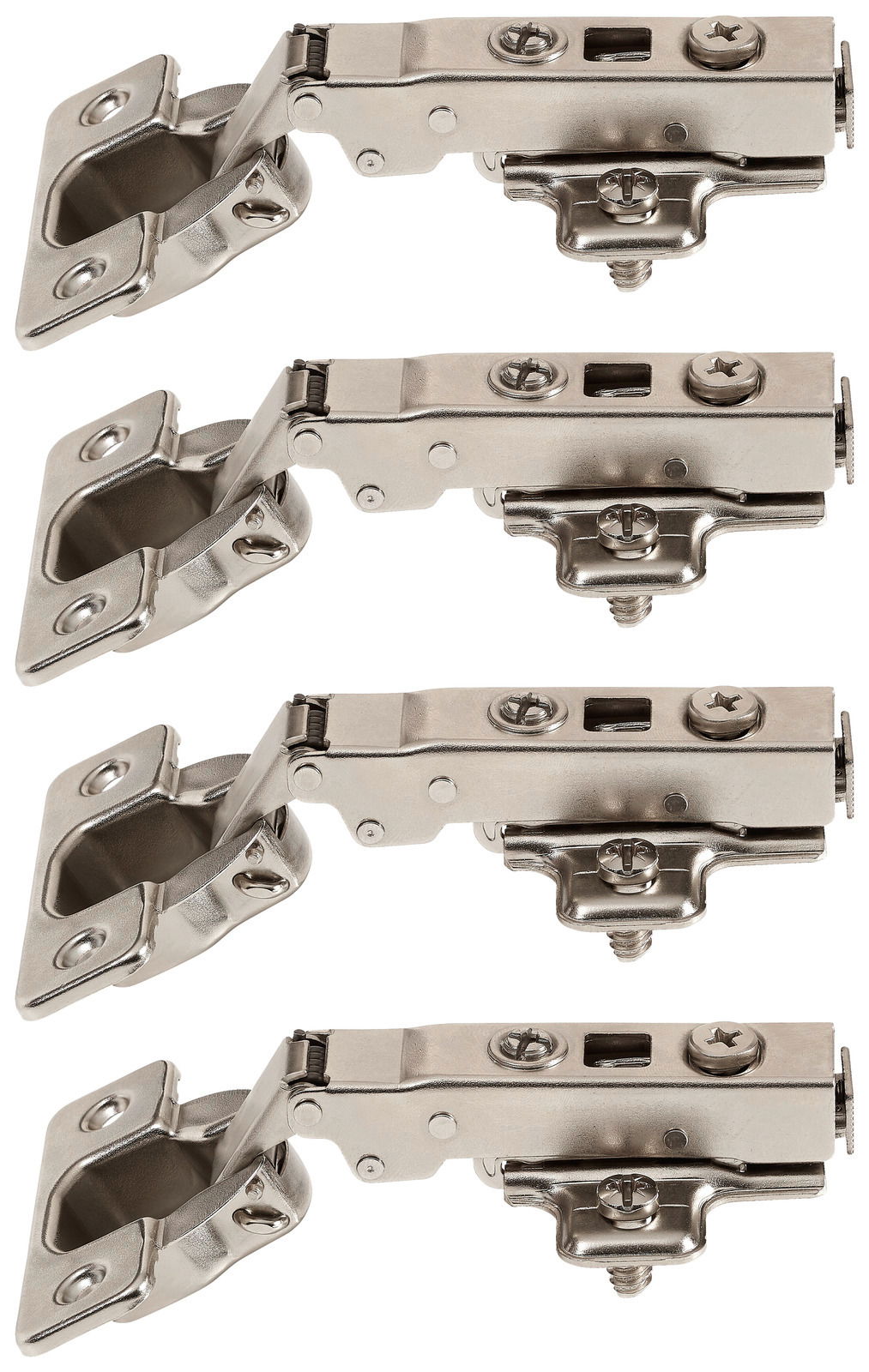 Vier silberne Scharniere in seitlicher Perspektive, angeordnet in einer Reihe.