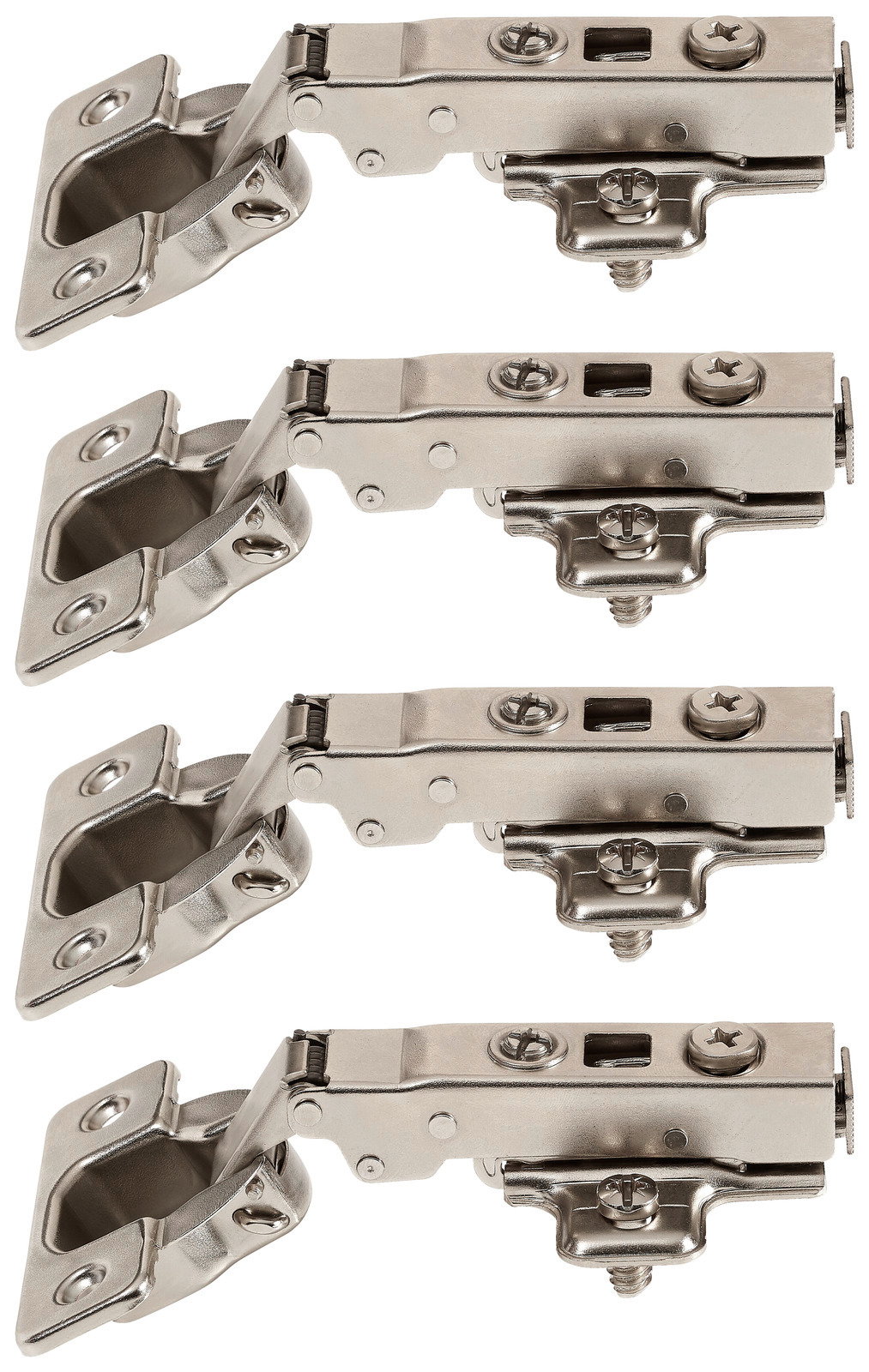 Hom´in Scharniere 4er Set UNIT Vier silberne Scharniere in seitlicher Perspektive, angeordnet in einer Reihe.