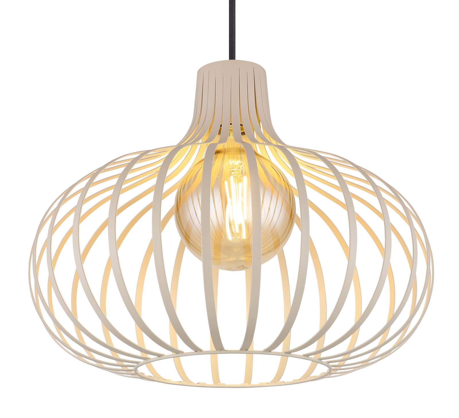 Moderne Hängeleuchte mit offenem, weißem Drahtdesign und sichtbarer Glühbirne, seitliche Perspektive