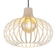 Moderne Hängeleuchte mit offenem, weißem Drahtdesign und sichtbarer Glühbirne, seitliche Perspektive