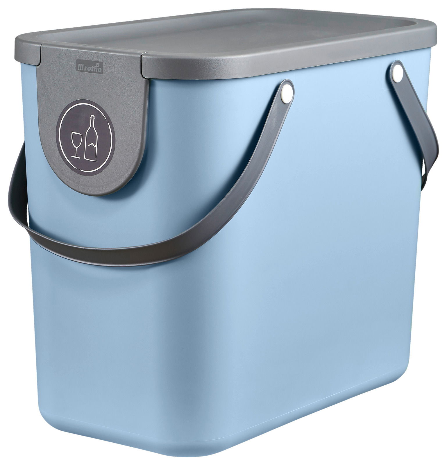 Blauer Recycling-Mülleimer mit grauem Deckel und Griffen, seitliche Perspektive