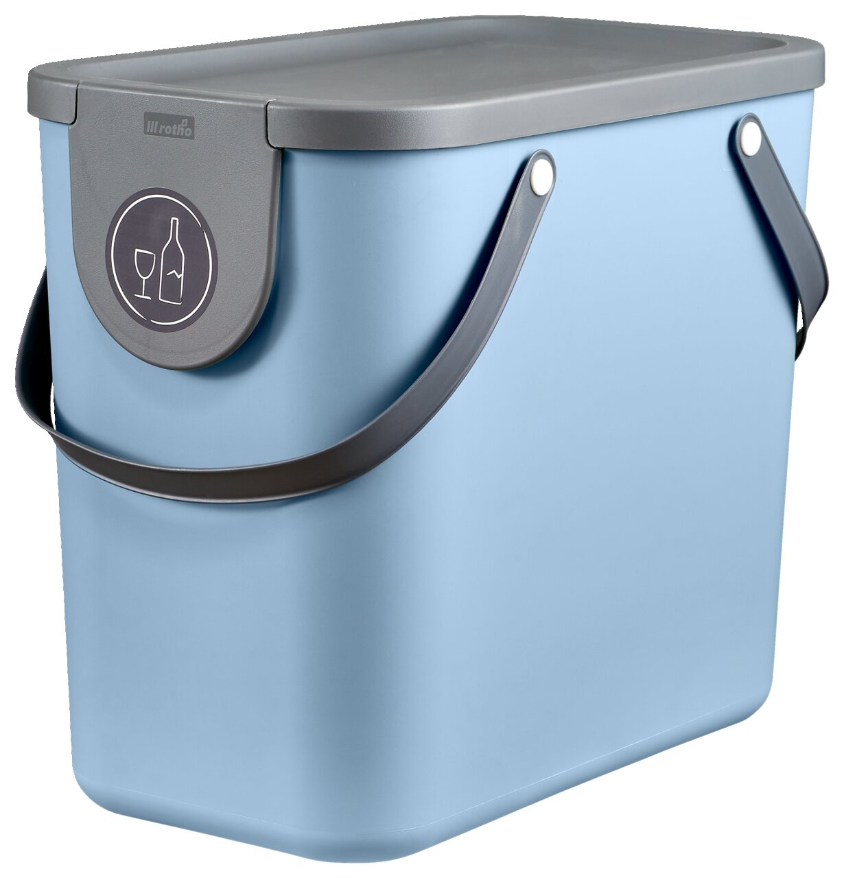 Blauer Recycling-Mülleimer mit grauem Deckel und Griffen, seitliche Perspektive