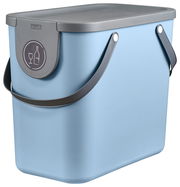 Blauer Recycling-Mülleimer mit grauem Deckel und Griffen, seitliche Perspektive