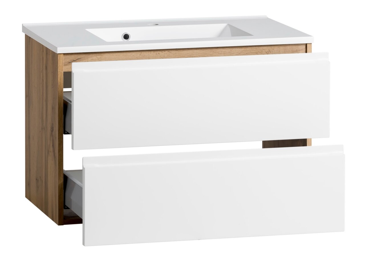 Waschtisch-Set 80 cm mit zwei weißen Schubladen und Holzseiten, Frontansicht