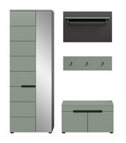 Modernes Garderoben-Set in Salbeigrün und Grau: hoher Schrank mit Spiegel-/Frontpanel, Wandpaneel mit Ablage, Hakenleiste und Schuhbank mit zwei Türen, Frontansicht.