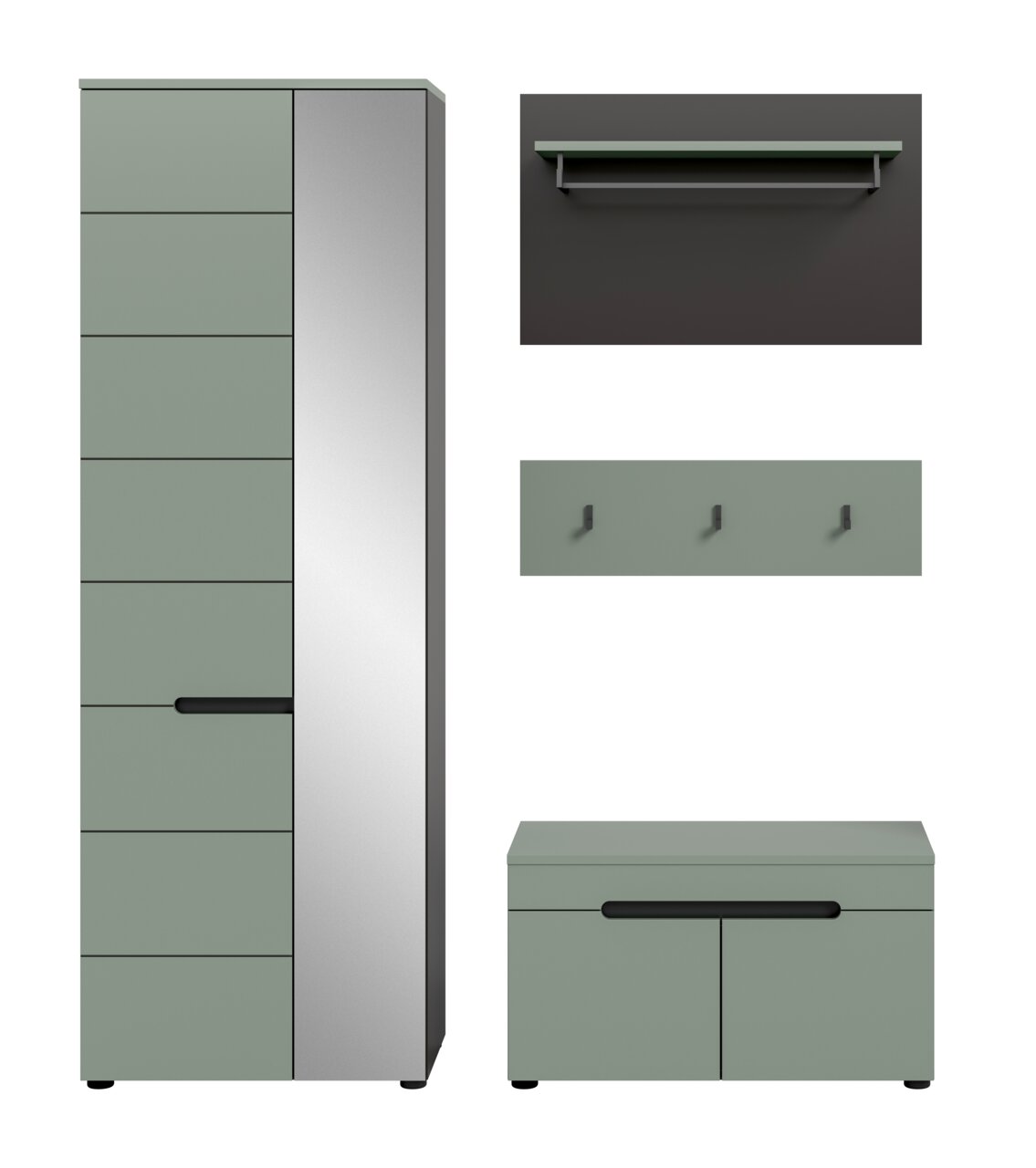 Modernes Garderoben-Set in Salbeigrün und Grau: hoher Schrank mit Spiegel-/Frontpanel, Wandpaneel mit Ablage, Hakenleiste und Schuhbank mit zwei Türen, Frontansicht.